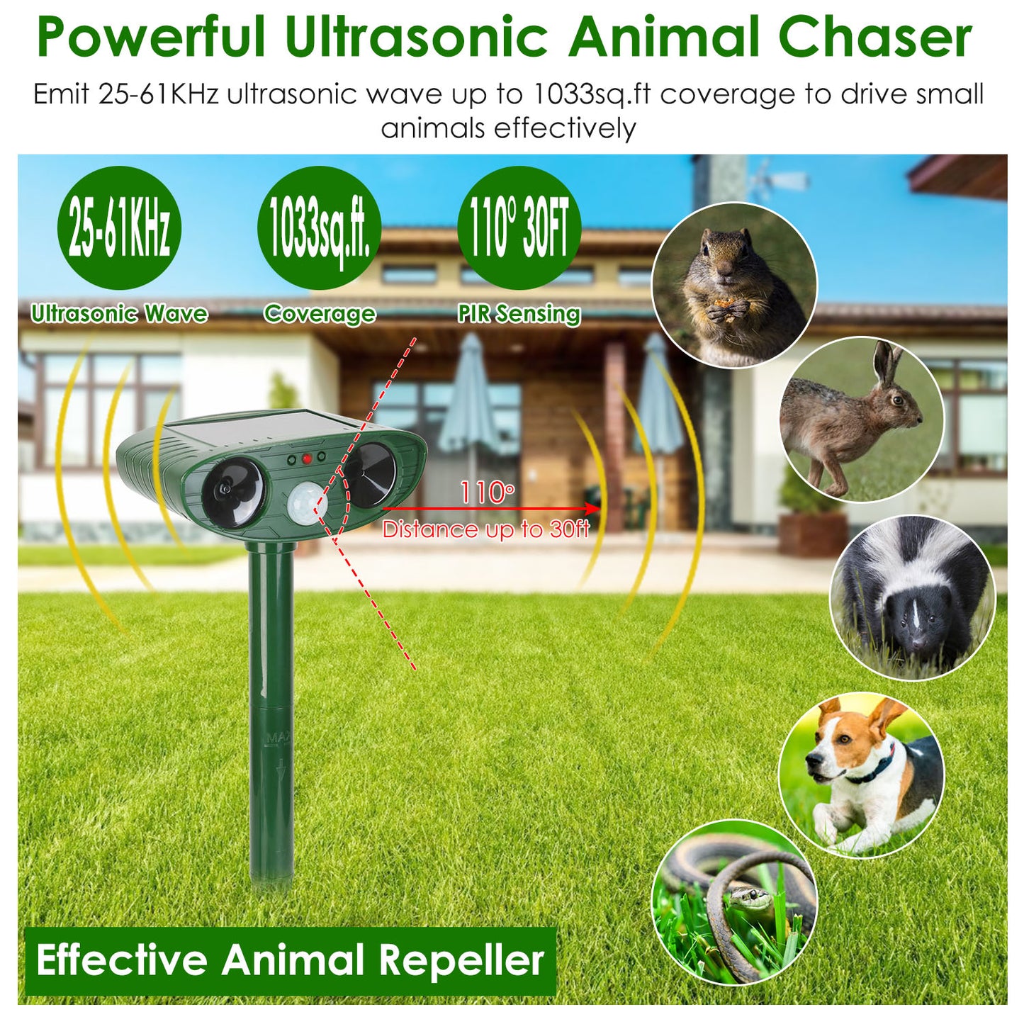 Solar Ultrasonic Animal Repeller with PIR Motion Sensor - Waterproof