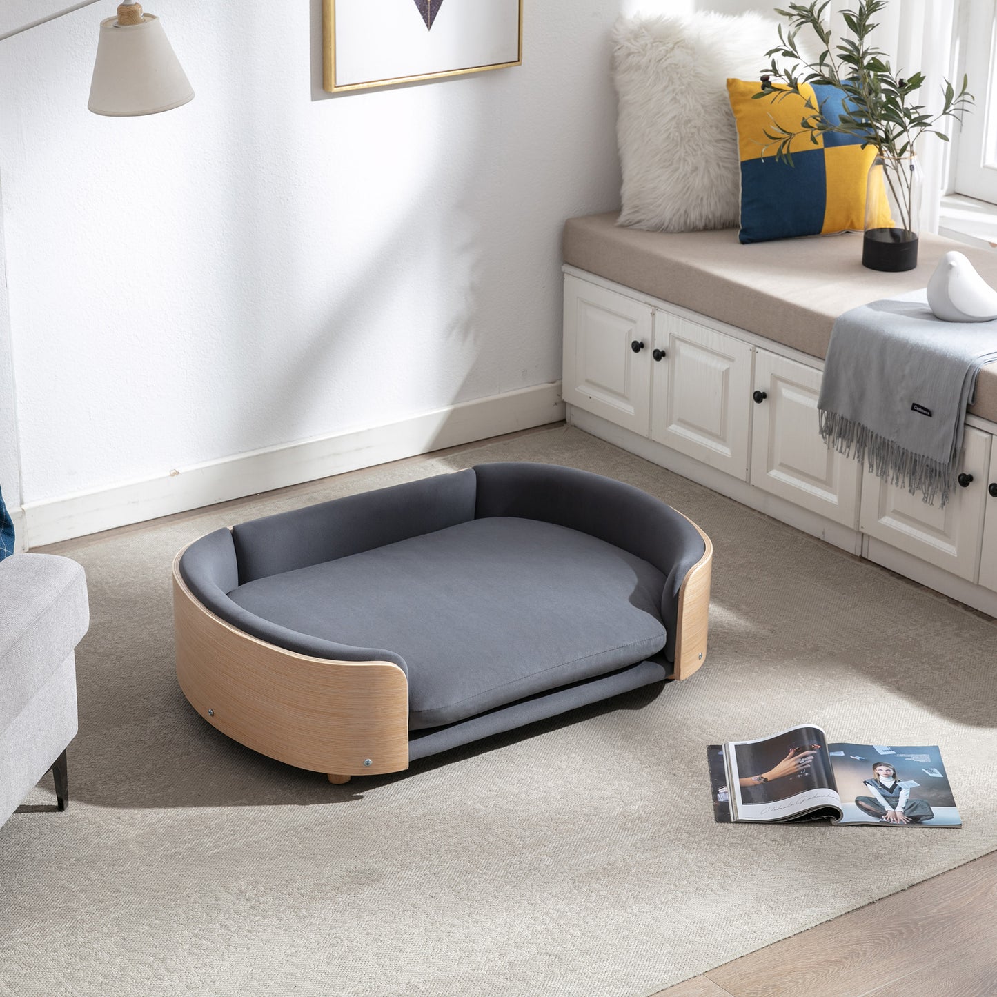 Large Scandinavian Style Elevated Dog Bed with Velvet Cushion and Solid Wood Legs