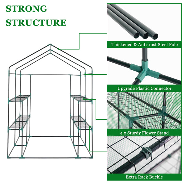 Garden Greenhouse with 8 Shelves, Green PE Cover & Black Iron Frame, 143x143x195cm