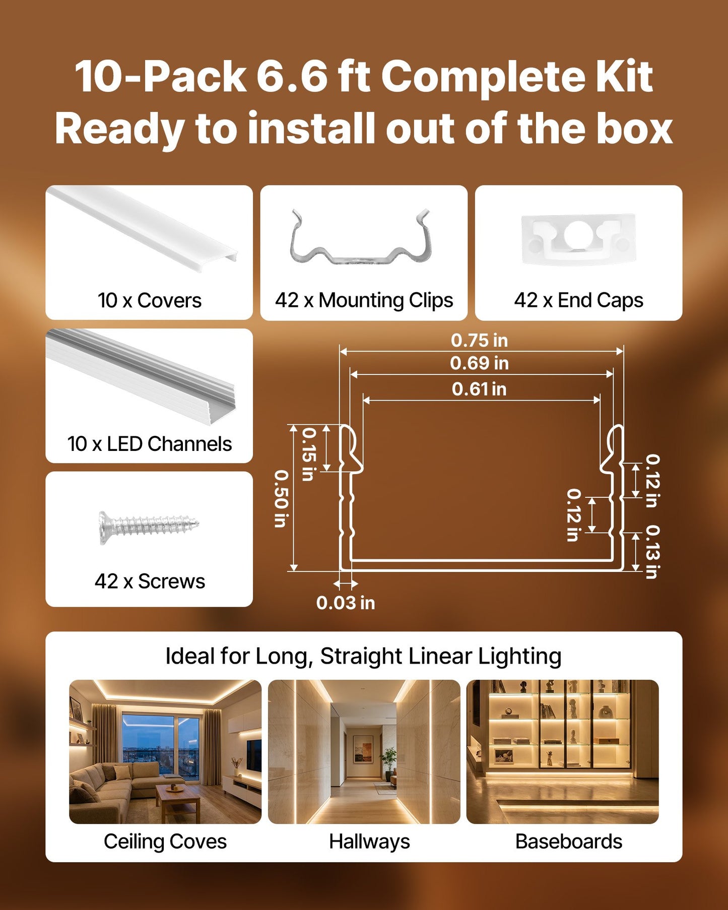 10-Pack 6.6 Ft LED Aluminum Channel U Shape with Milky Cover for Under Cabinet Lighting