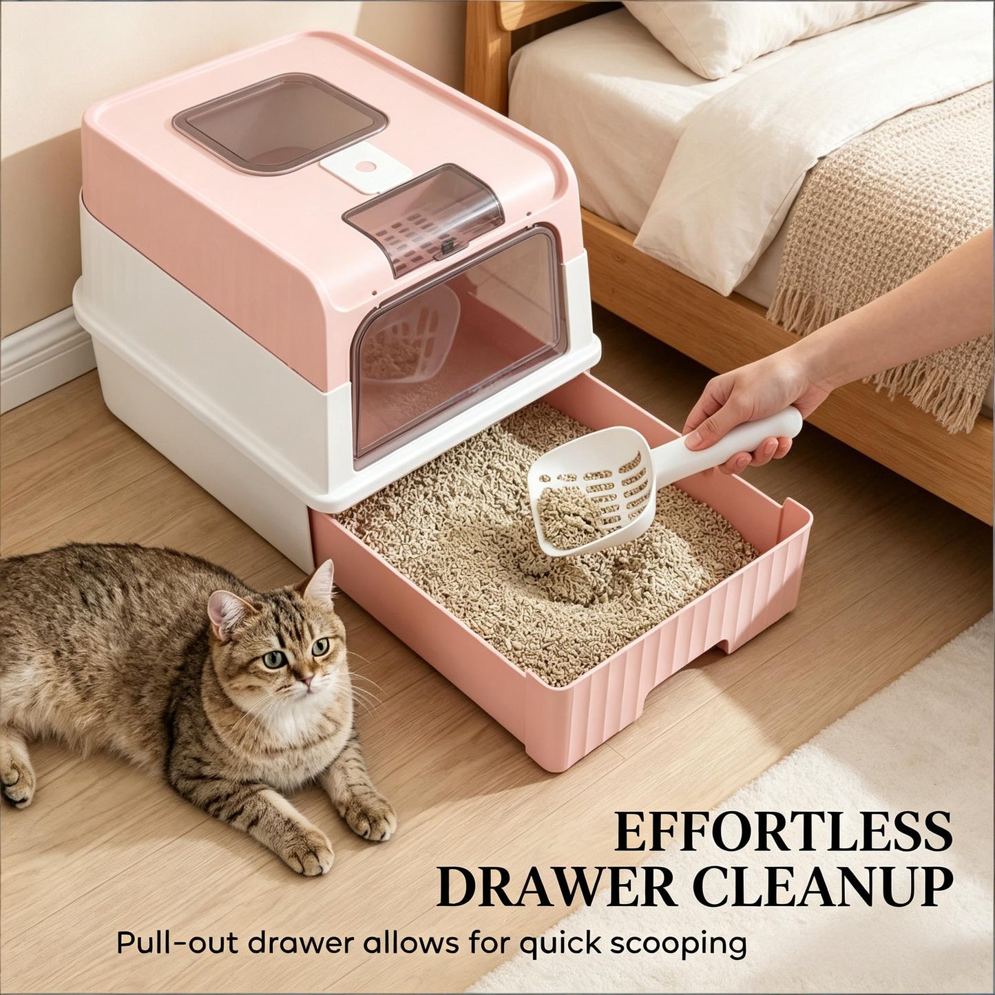 Compact Fully Enclosed Cat Litter Box - Pink & White