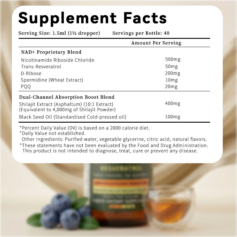 NAD+ Shilajit Liquid Drops with Resveratrol - 60mL Blueberry Supplement