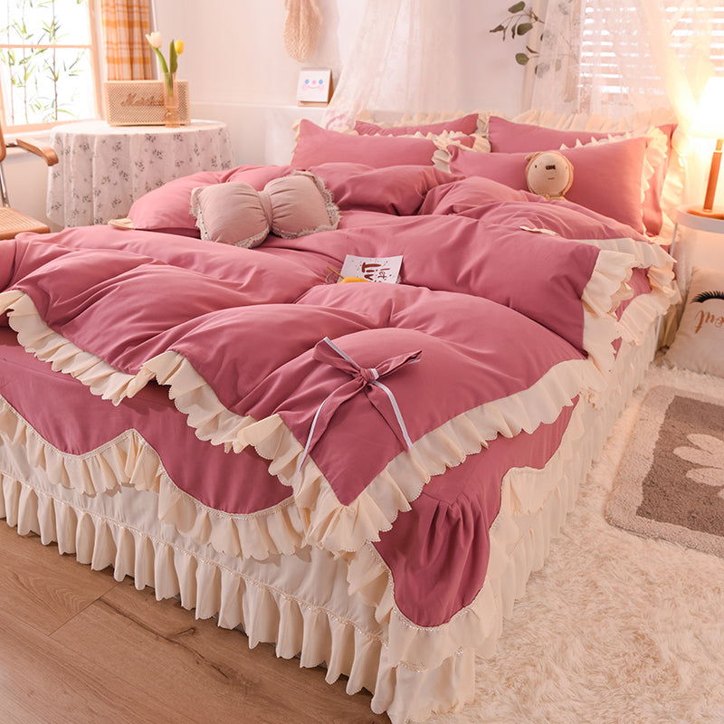 Luxury Four-Piece Lotus Leaf Lace Bed Sheet Duvet Cover Set with Bed Skirt