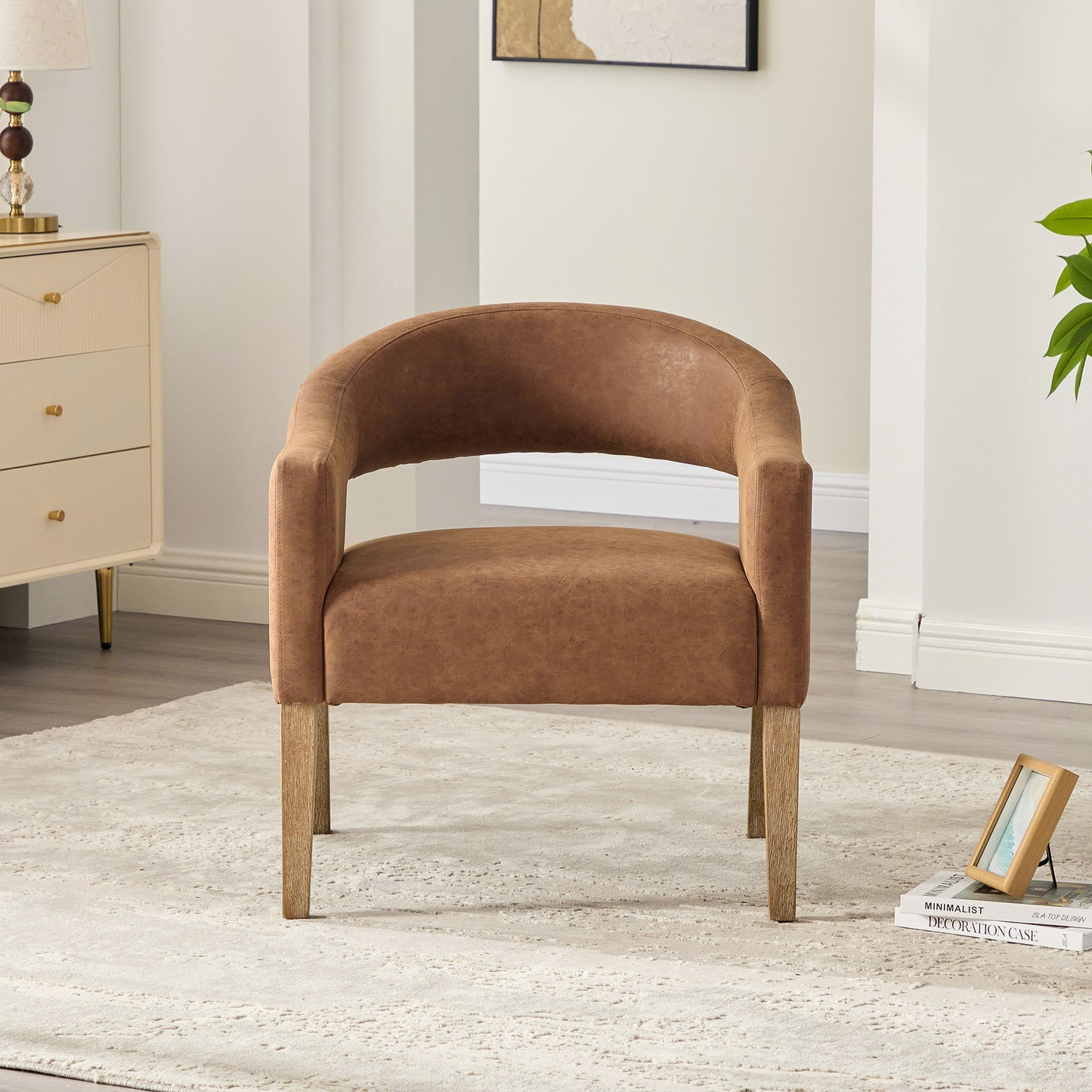 Modern PU Open Back Accent Armchair - Brown Barrel Dining Chair