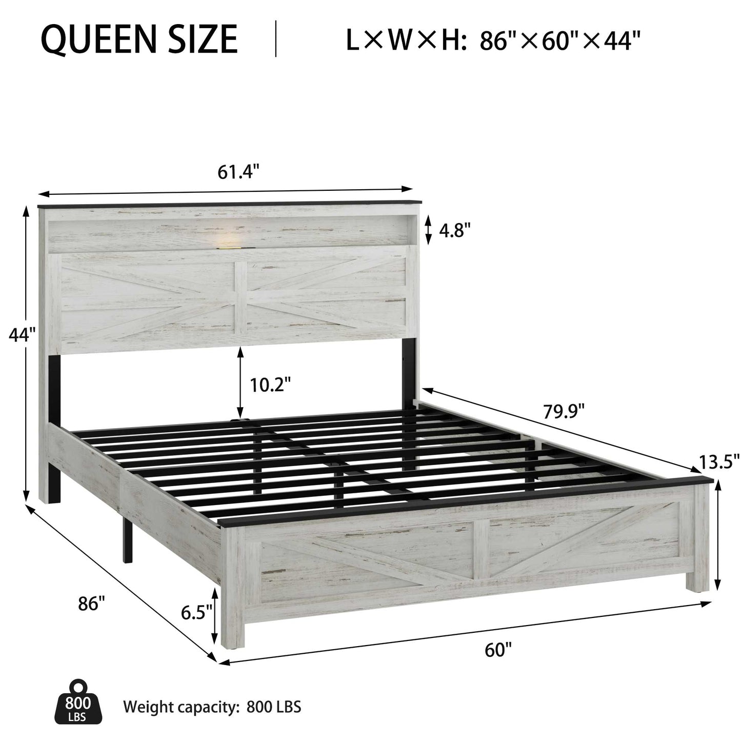 Queen Platform Bed Frame with LED, Charging Station & Storage