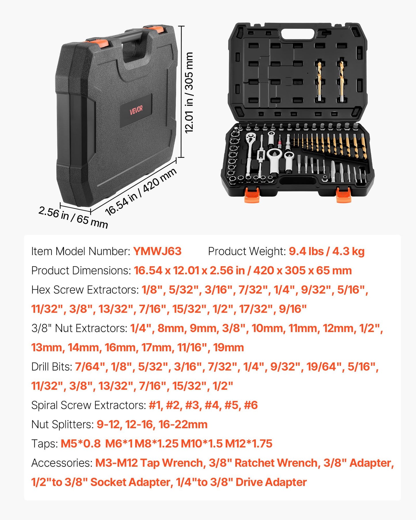 63-Piece Screw Extractor Set for Fastener Removal - Includes Nut & Bolt Extractors, Wrenches, Drill Bits, Storage Case