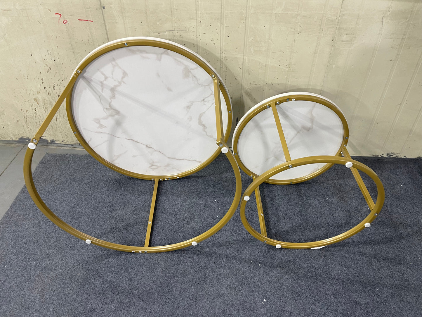Nesting Coffee Table Set of 2 - Round Wood Marble Pattern - White+Gold