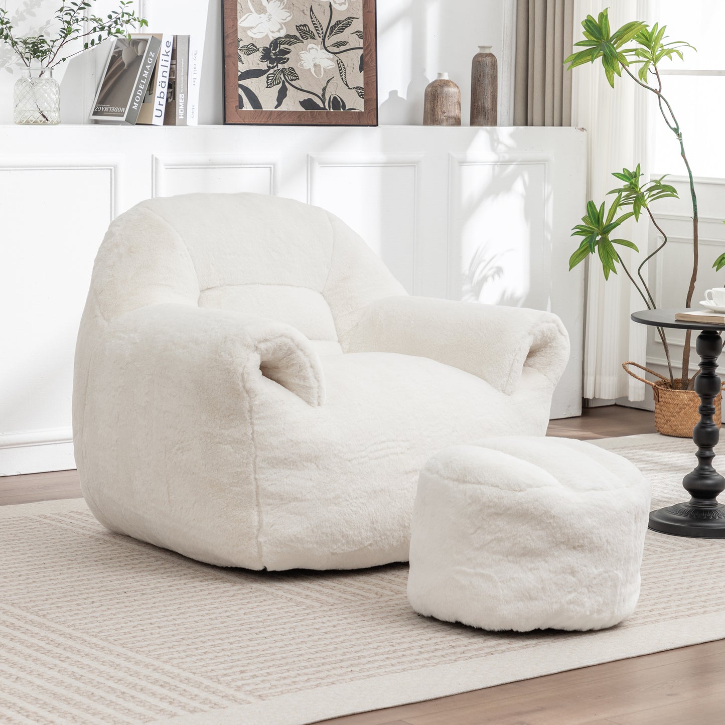 Bean Bag Chair, Comfy Sofa With Back Support, Footstool,Faux Fur