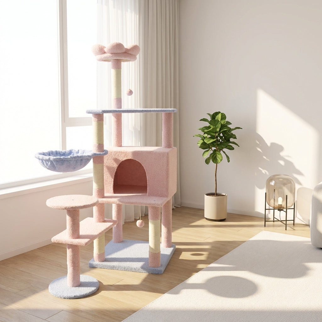 Pink Flower Cat Tree with Large Condo, Removable Cushion & Hammock - 56 Inch Tall