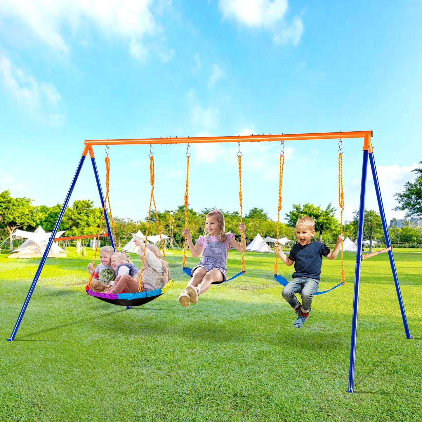 Outdoor Swing Set for Backyard with 2 Seats and Metal Frame - Orange