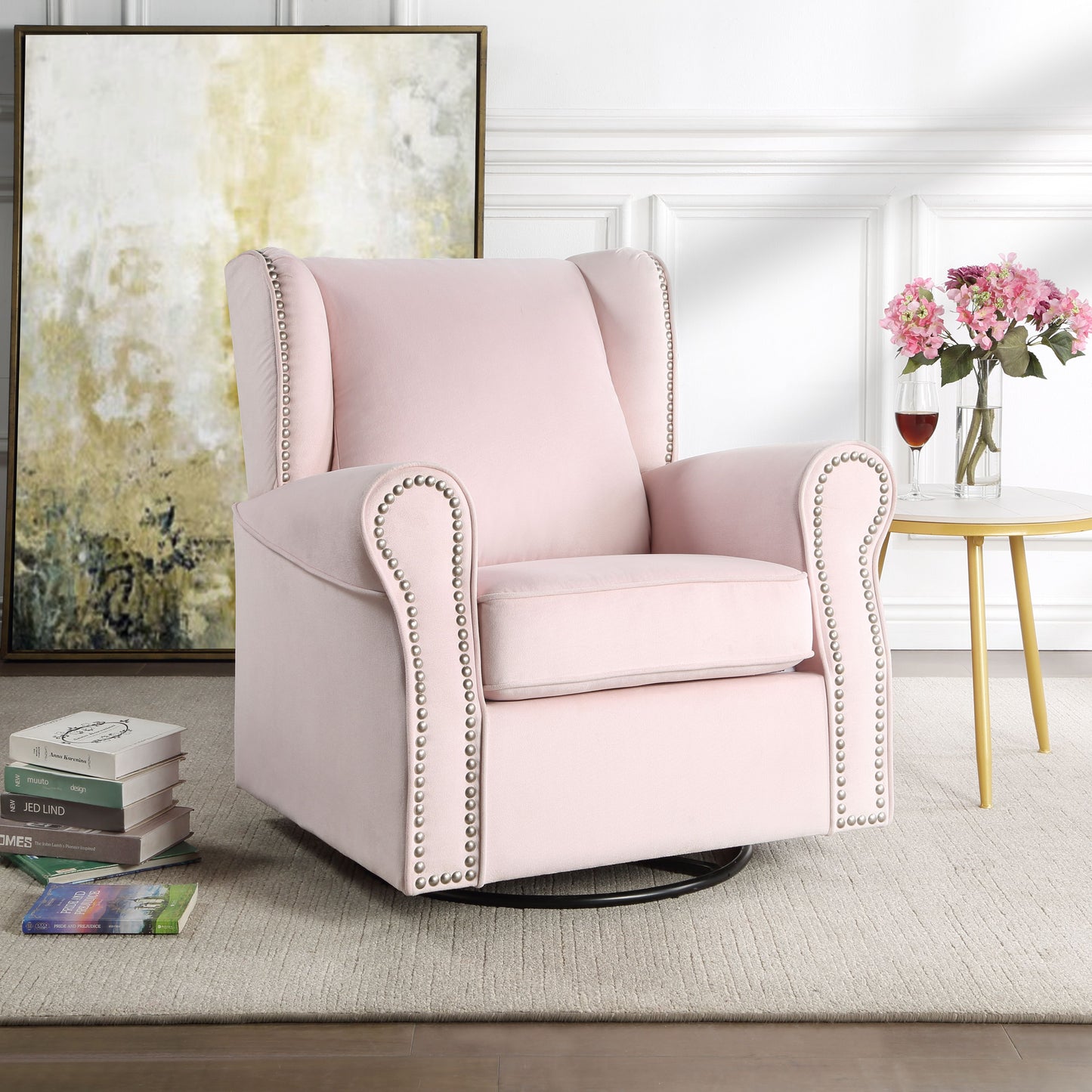 Pink Fabric Glider Chair with Swivel and Nail-Head Trim