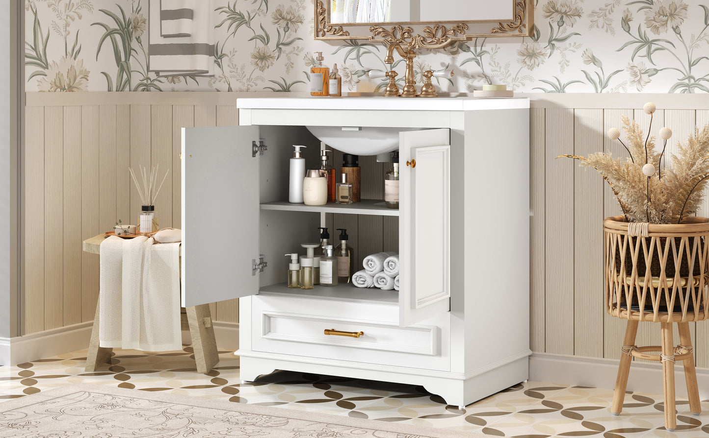 30" Bathroom Vanity with Ceramic Sink & Soft Close Doors - White