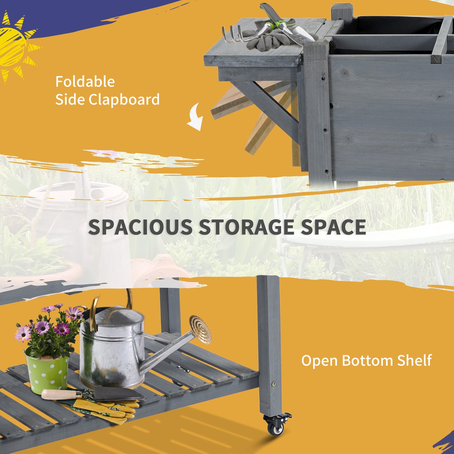 Raised Garden Bed Planter Box with Wheels & Storage Shelf - 1100x210x320mm