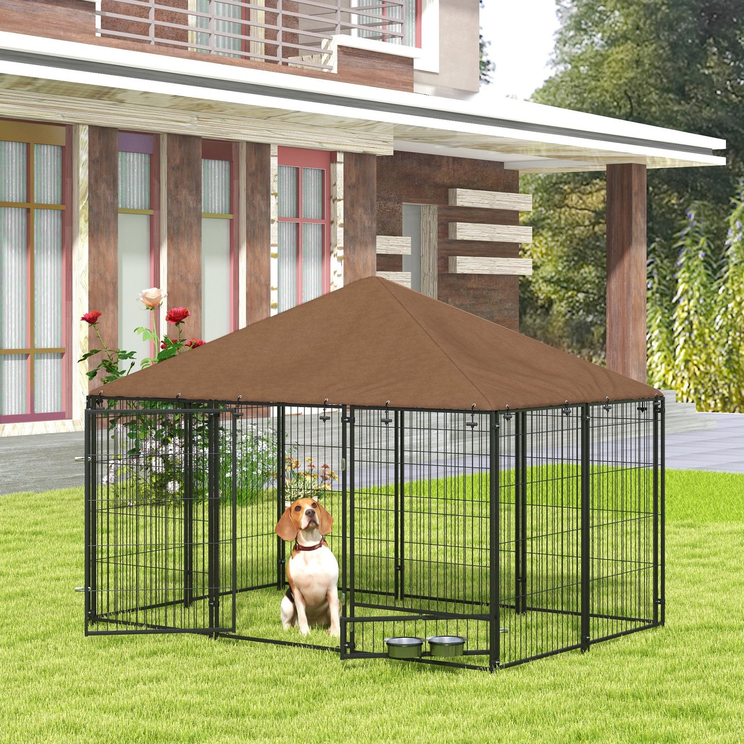Outdoor Dog Kennel with Canopy, 6.9 x 4.6 ft Puppy Playpen with Rotating Bowls - Black