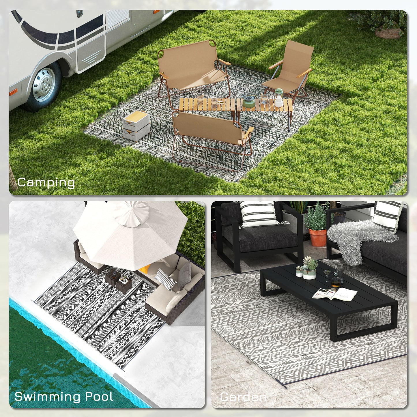 Reversible Outdoor Rug for Camping & RV - Gray & Cream Boho 8x10