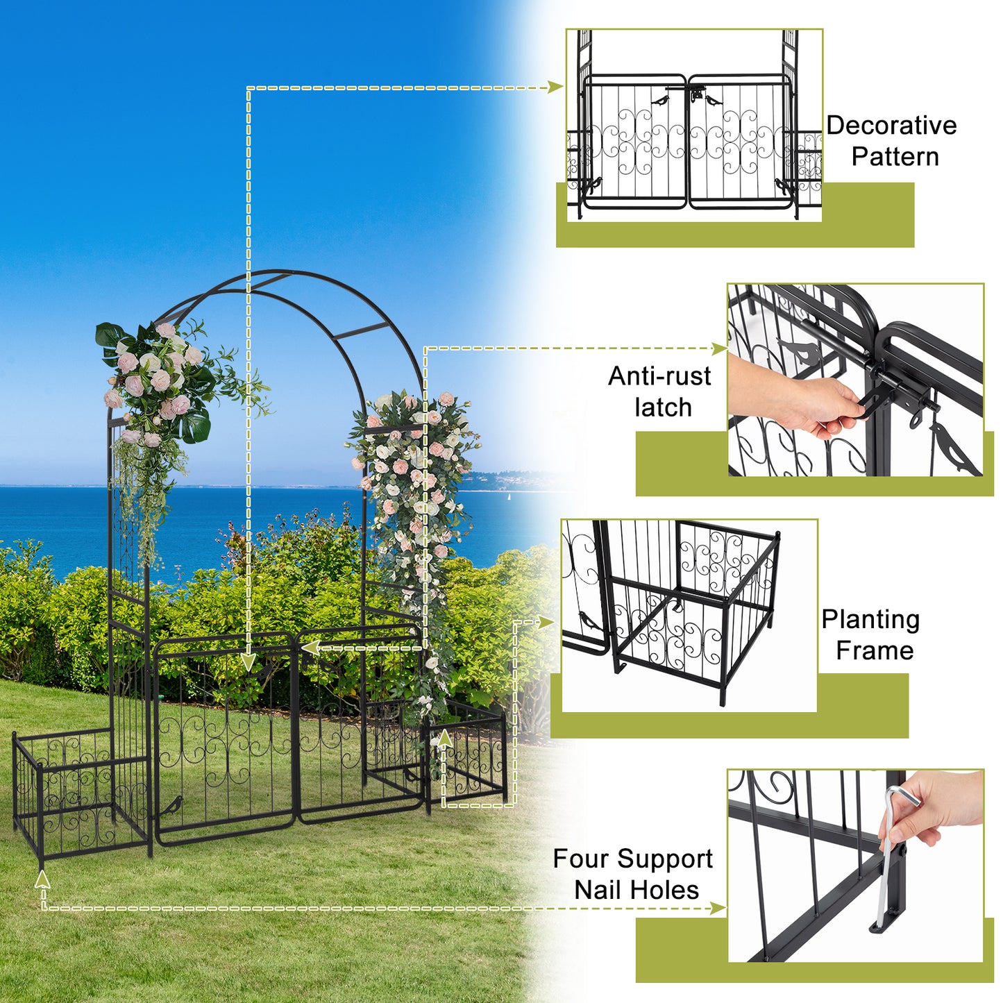 Garden Arbor Arch with Gate and Planter Box - Black Iron Support for Climbing Plants