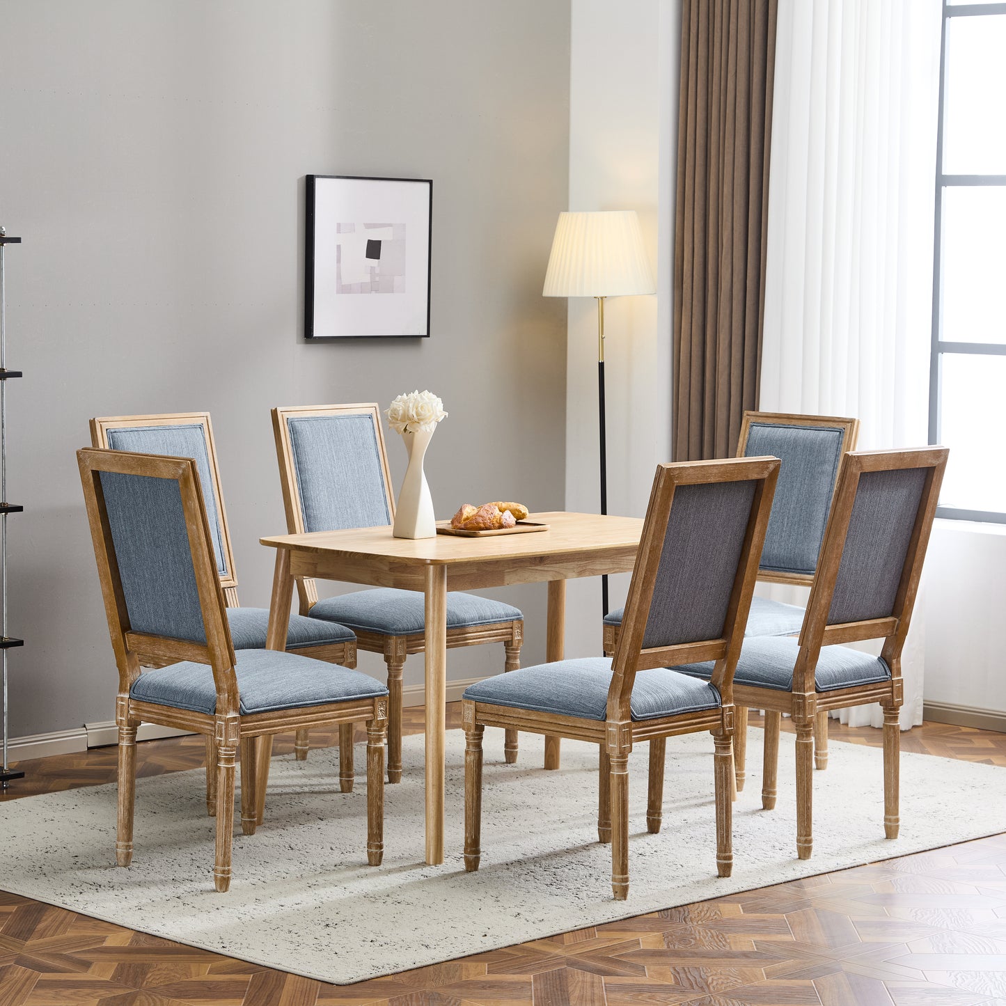 Set of 6 French Country Dining Chairs - Slate Blue Upholstered Seat