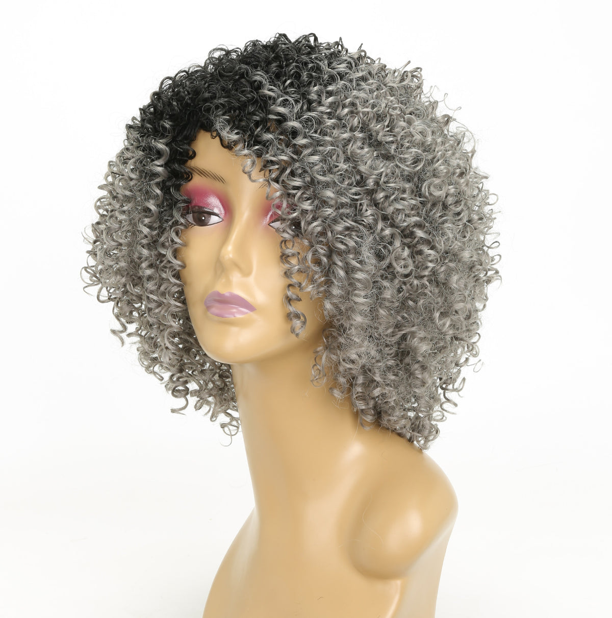 Black Grey Curly Short Wig with Bangs - 15" Synthetic Hair