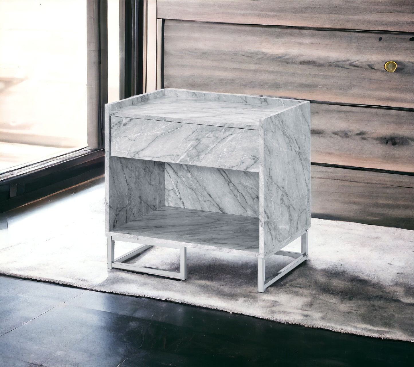 Accent Table with Faux Marble Top & Chrome Finish - White