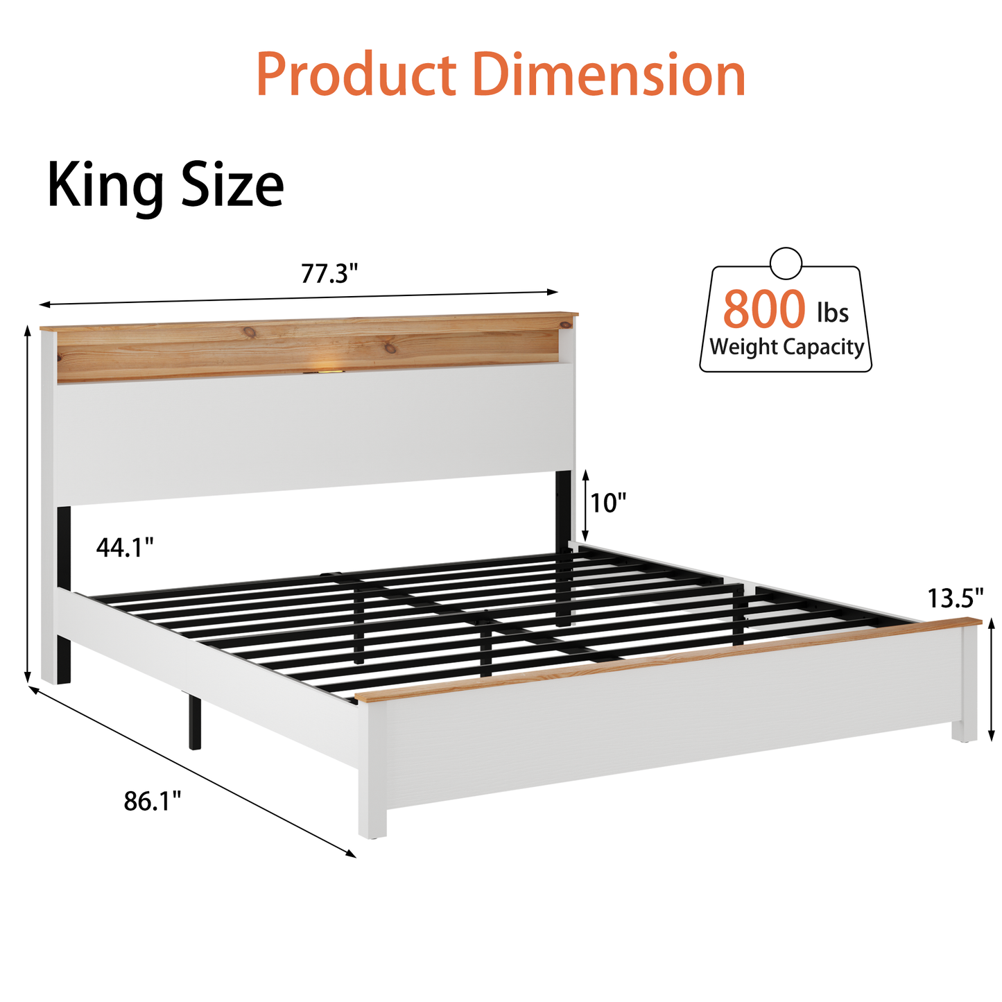 King Farmhouse Wood Bed Frame with Storage Headboard & USB Charging