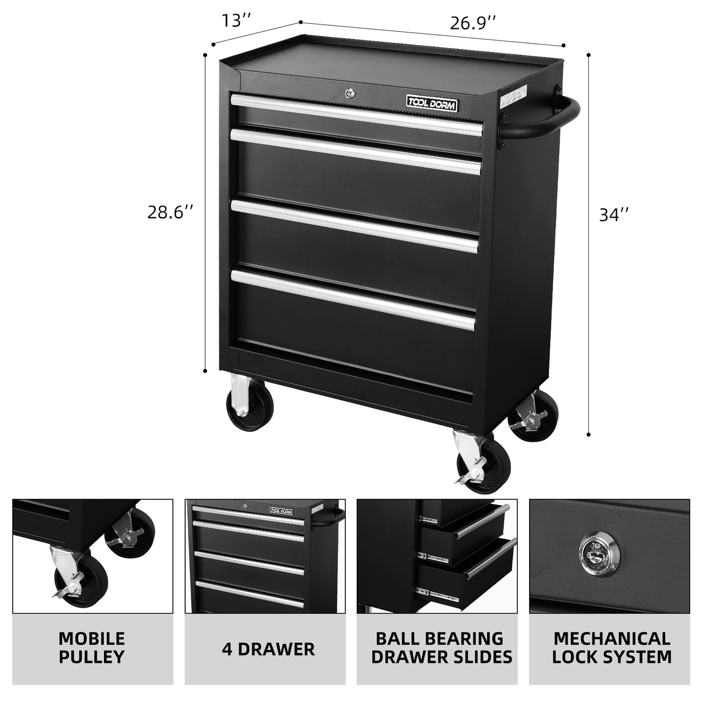 27-Inch Metal Tool Storage Cabinet with 4 Drawers and Wheels, Garage Workshop Organizer