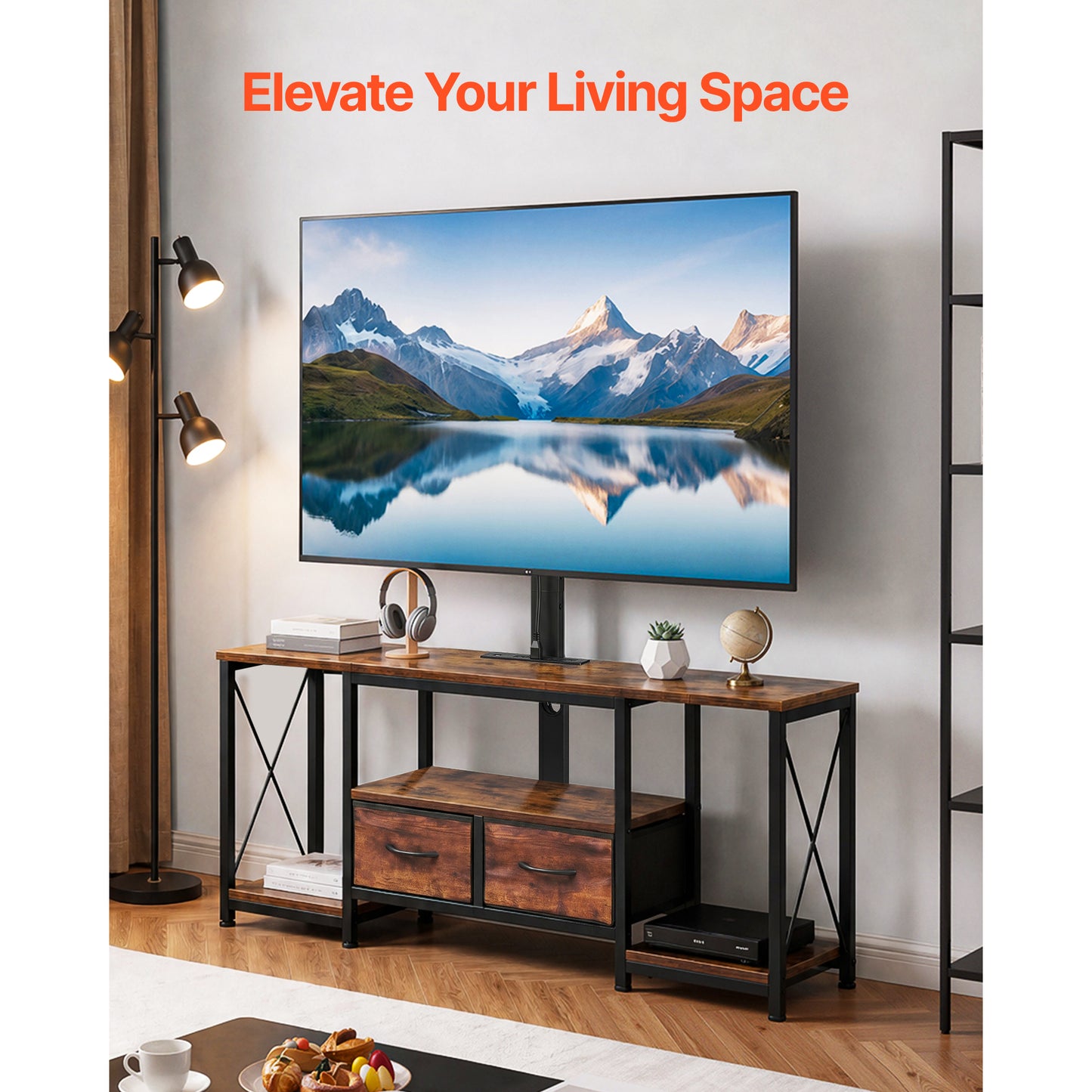 TV Stand with Mount and Power Outlet - 47.2 Inch Rustic Brown Entertainment Console with Storage Drawers and LED Lights for 32-75 Inch TVs