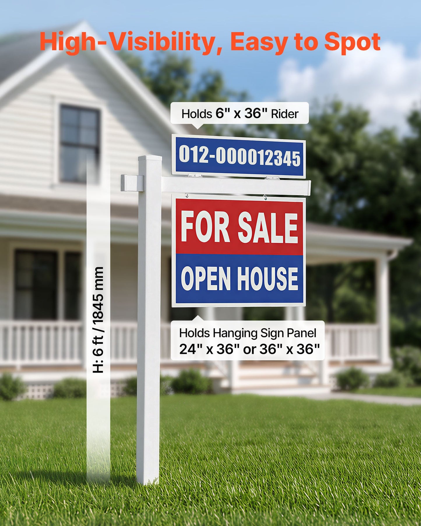 6 Ft Real Estate Sign Post with Wind-Resistant PVC Yard Sign Holder - Black