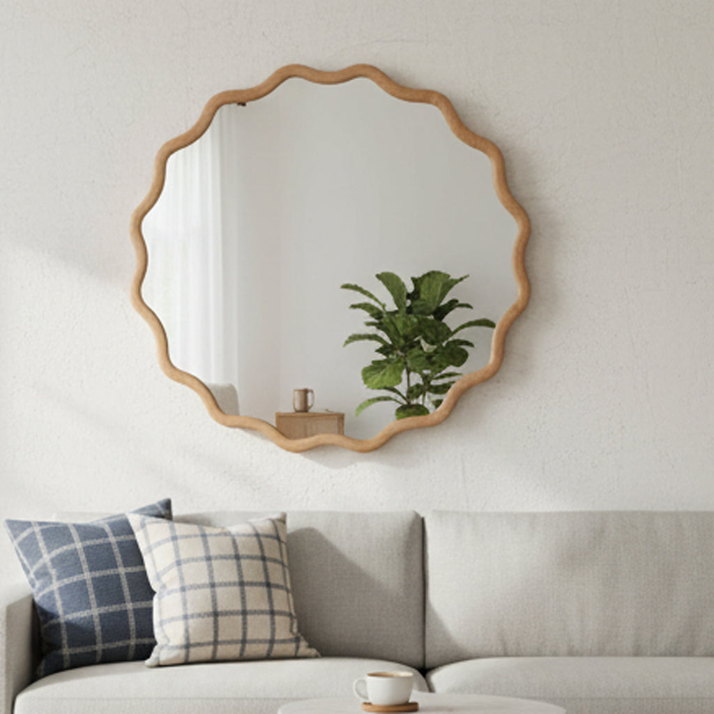 24-Inch Wavy Round Solid Wood Frame Decorative Mirror - Natural Wood