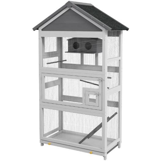 Spacious Wooden Bird Aviary with Slide-Out Tray & Perches - Black+Grey