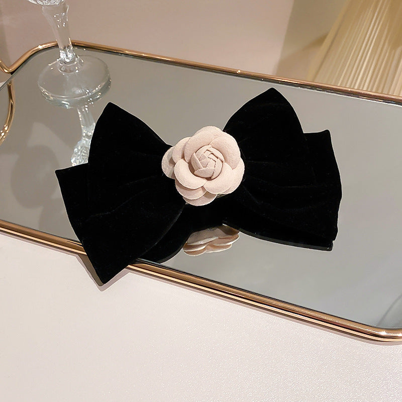 Red Bow Encrusted Tassel Hairpin Back Head Spring Clip - Elegant Hair Accessory