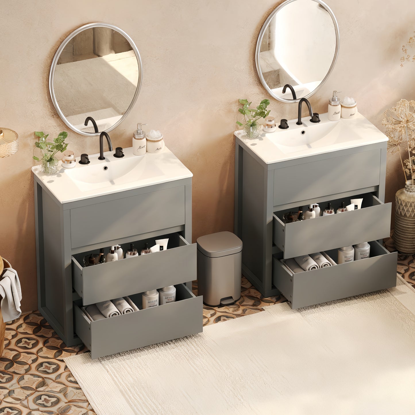 60" Double Sink Bathroom Vanity Set with Ceramic Sinks - Gray