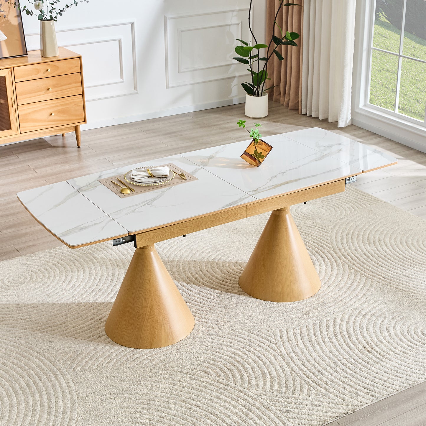Extendable White Marble-Top Dining Table with Metal Legs