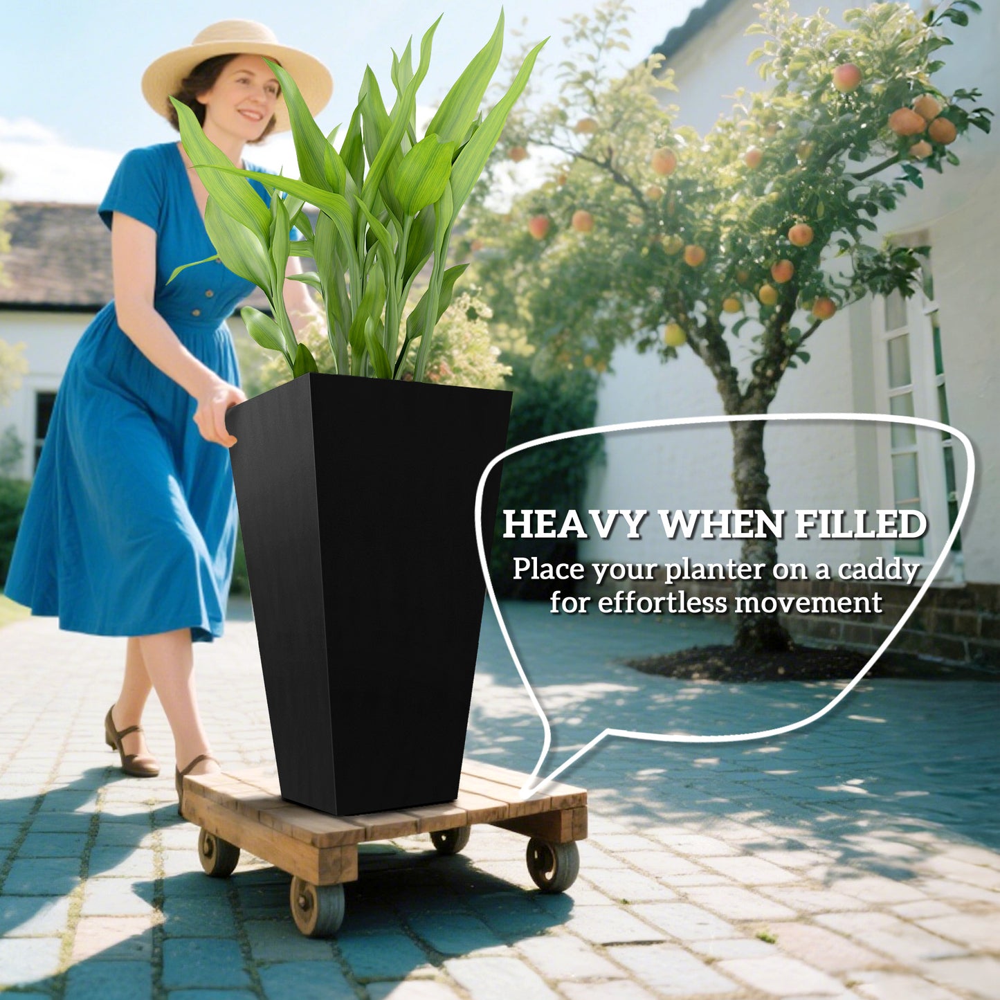Tall Outdoor Plant Planters Set of 3 - 28 Inch Black Taper Pots with Drainage Holes