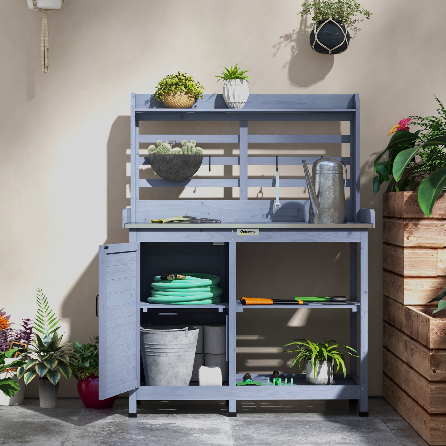 Wooden Potting Bench with Storage and Aluminum Tabletop for Garden, Patio, Balcony - Gray