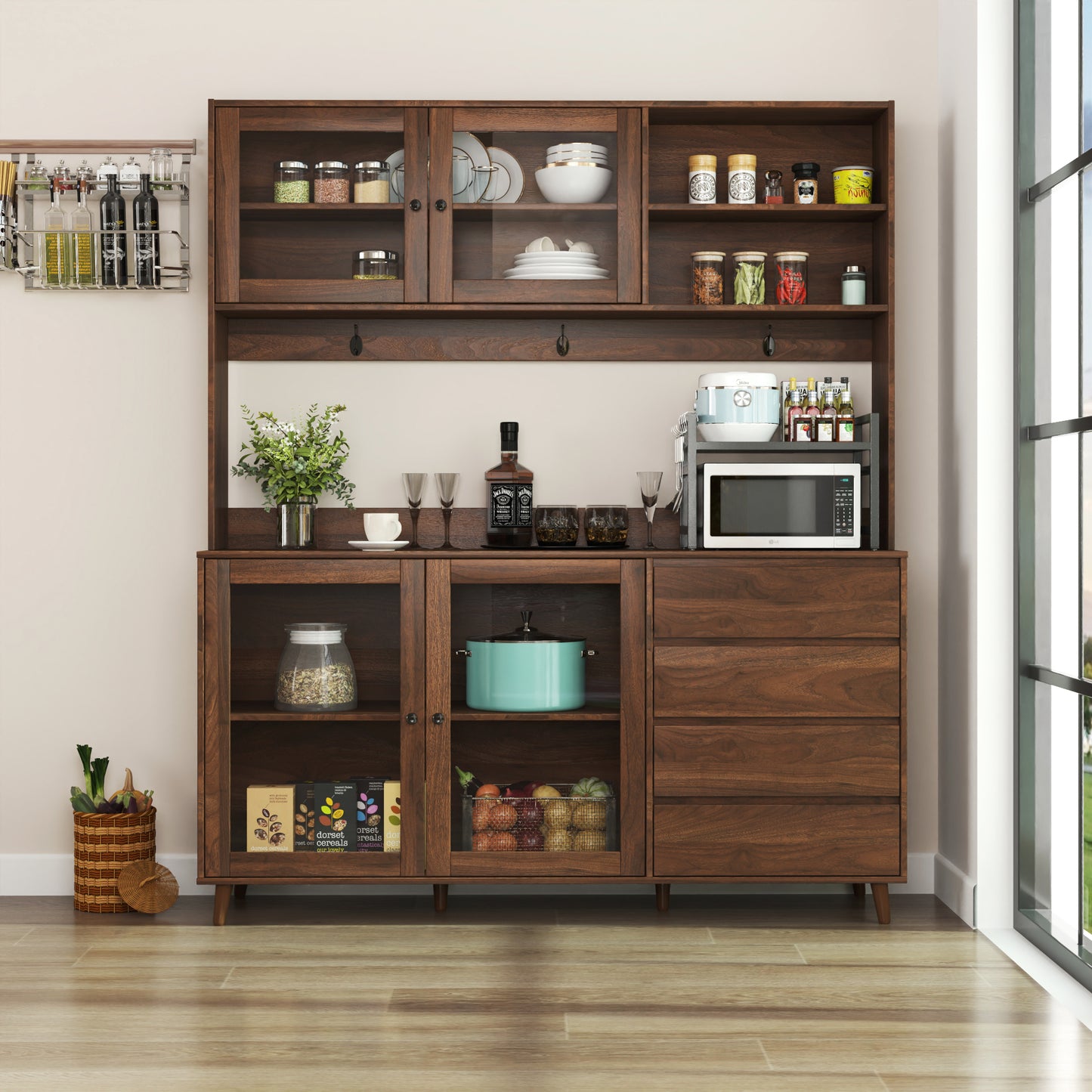 63" Large Freestanding Kitchen Hutch Cabinet with 4 Doors & Drawers - Walnut