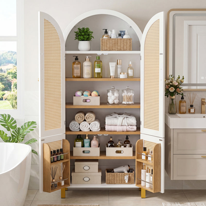 White Arched Rattan Cabinet with Adjustable Shelves - 4 Doors