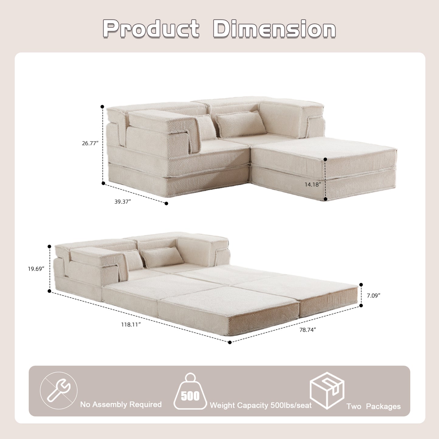 Convertible Floor Sofa Bed - White Modular Sectional with Ottoman