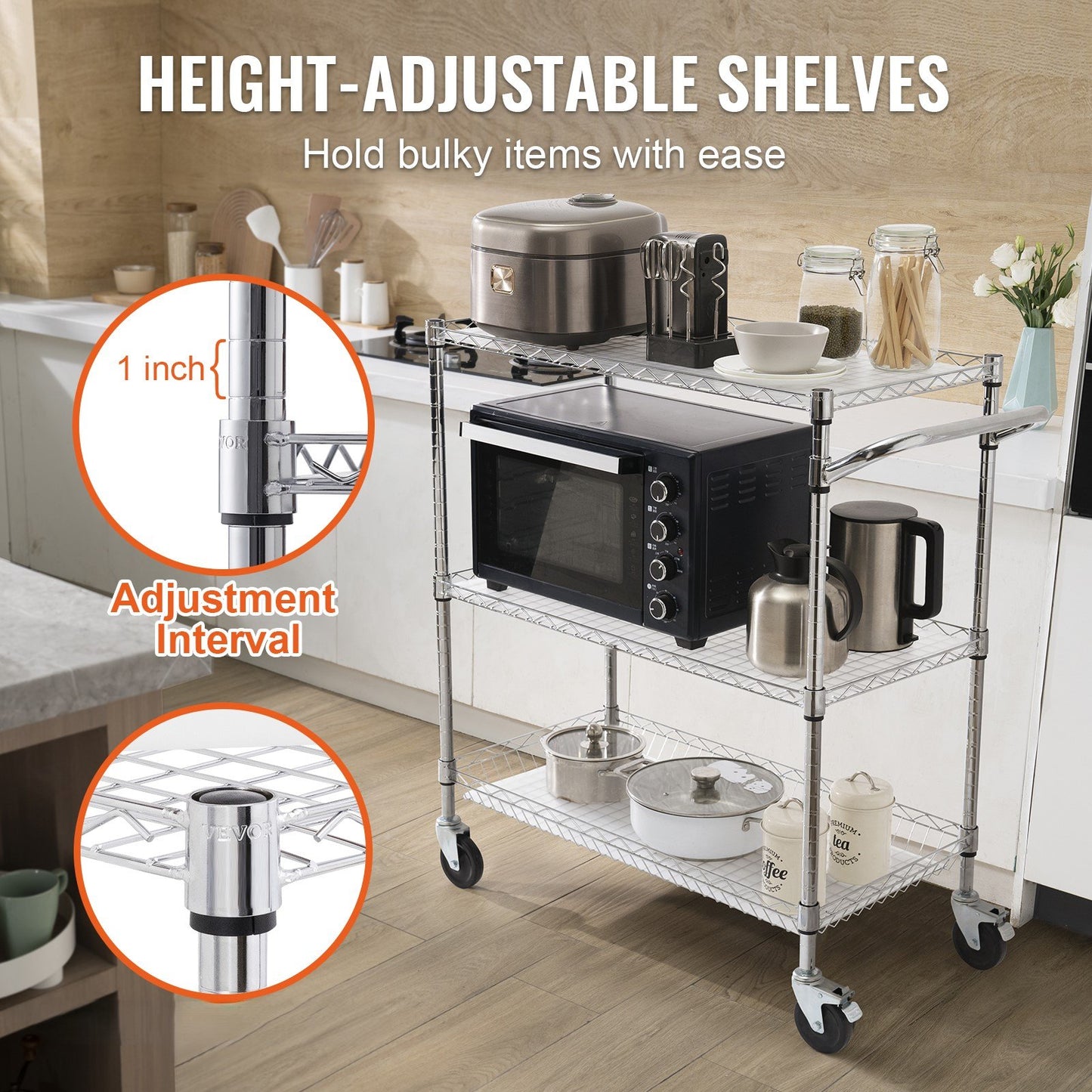 3-Tier Rolling Utility Cart - Adjustable Shelves, 661 lbs Capacity