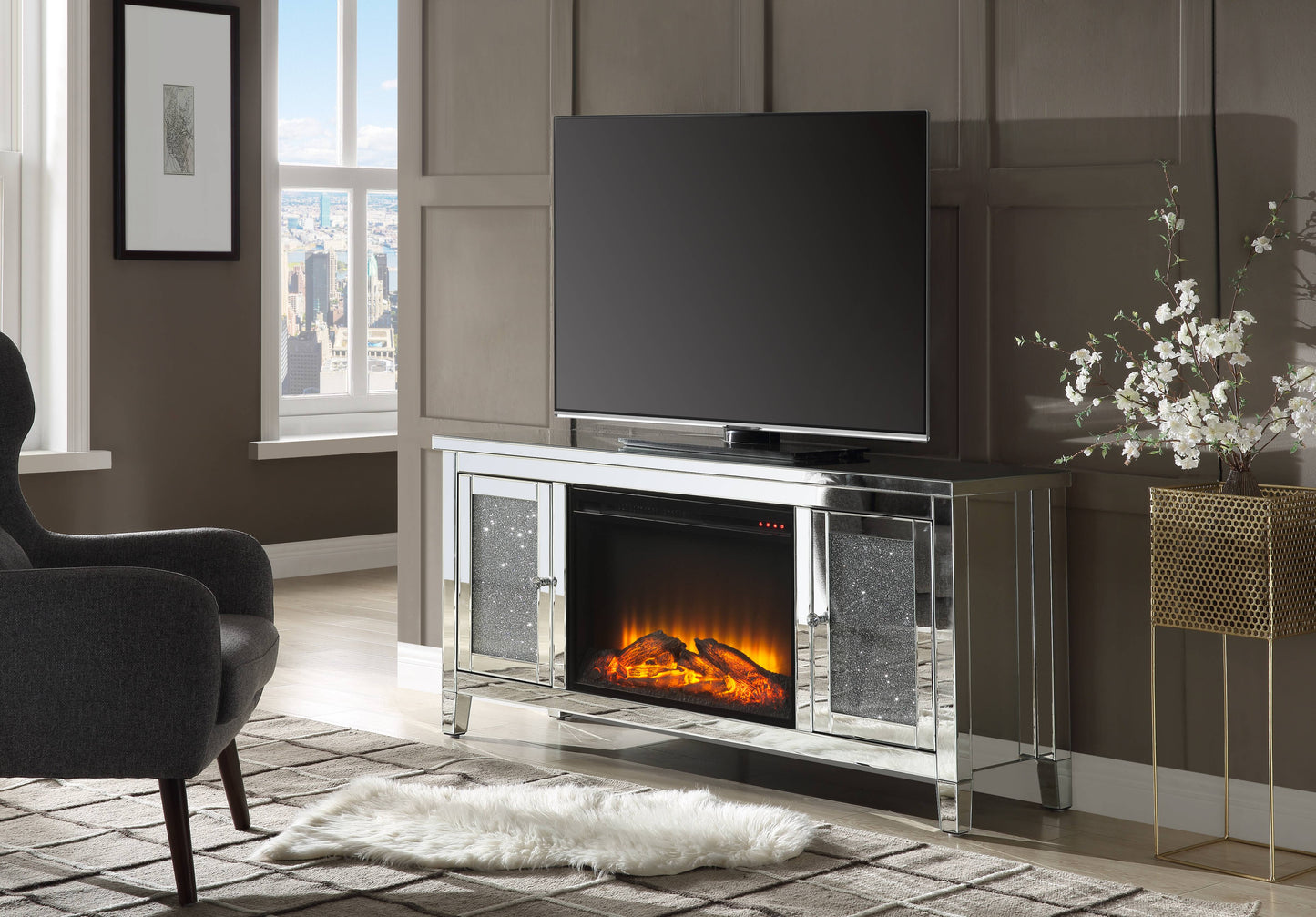 Silver TV Stand with Electric Fireplace & Storage - 65" TV Size