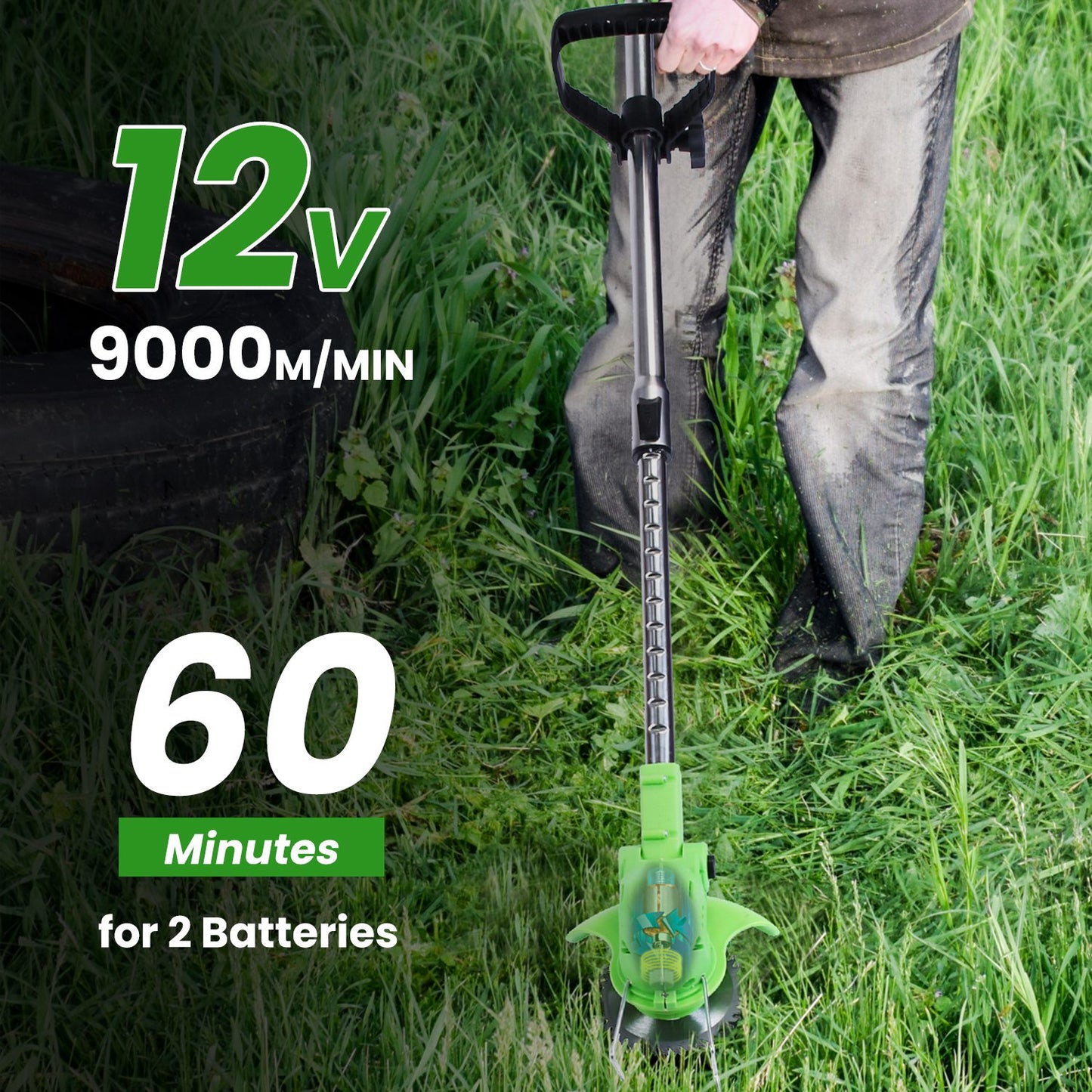 Cordless 12V 200W Grass Trimmer with 3 Blades & Adjustable Handle