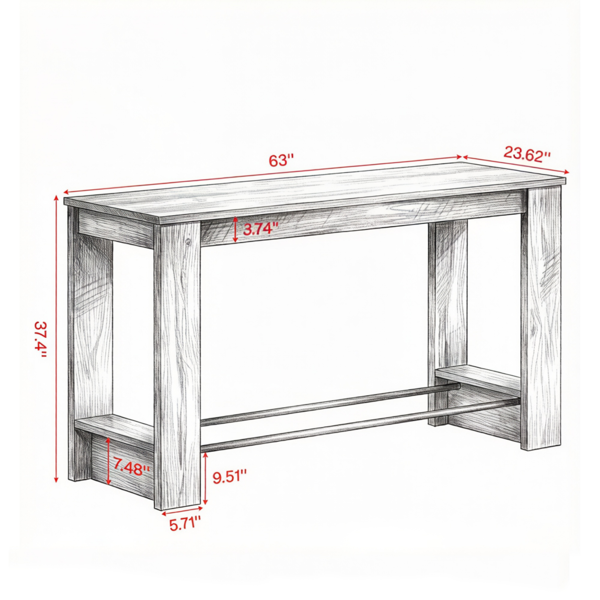 Rustic Industrial Bar Table - 37.4 Inch Height, 63 Inch Length
