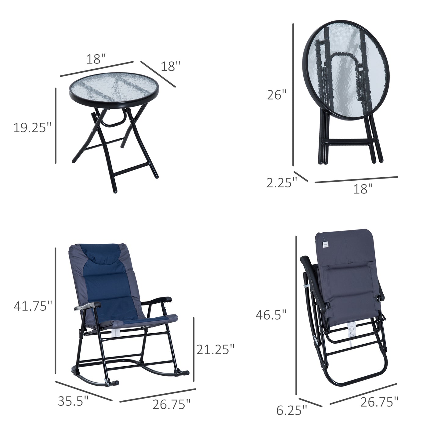3 Piece Outdoor Folding Rocking Chair Set with Table - Blue & Gray