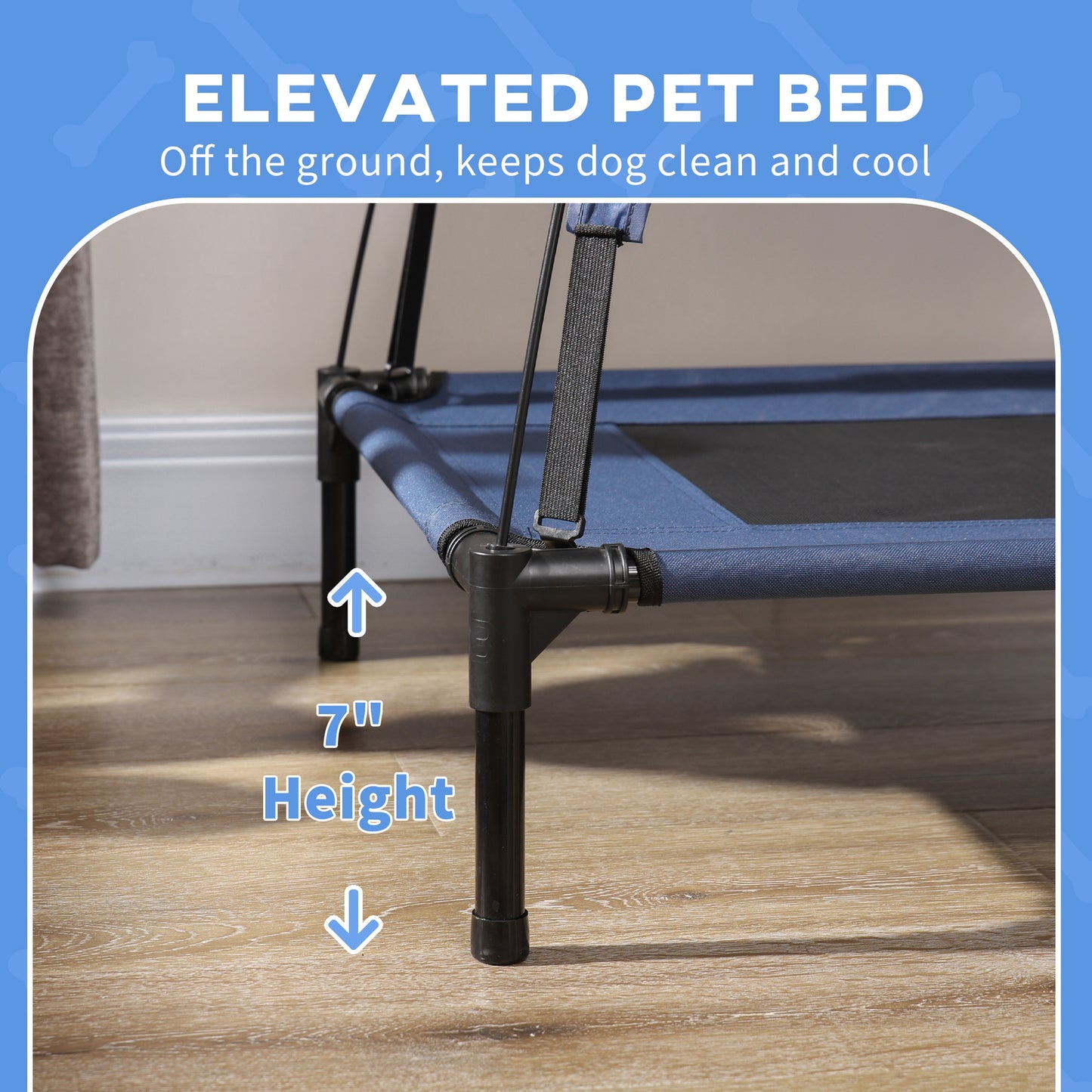 Portable Elevated Dog Bed with UV Canopy - 36 Inch Dark Blue