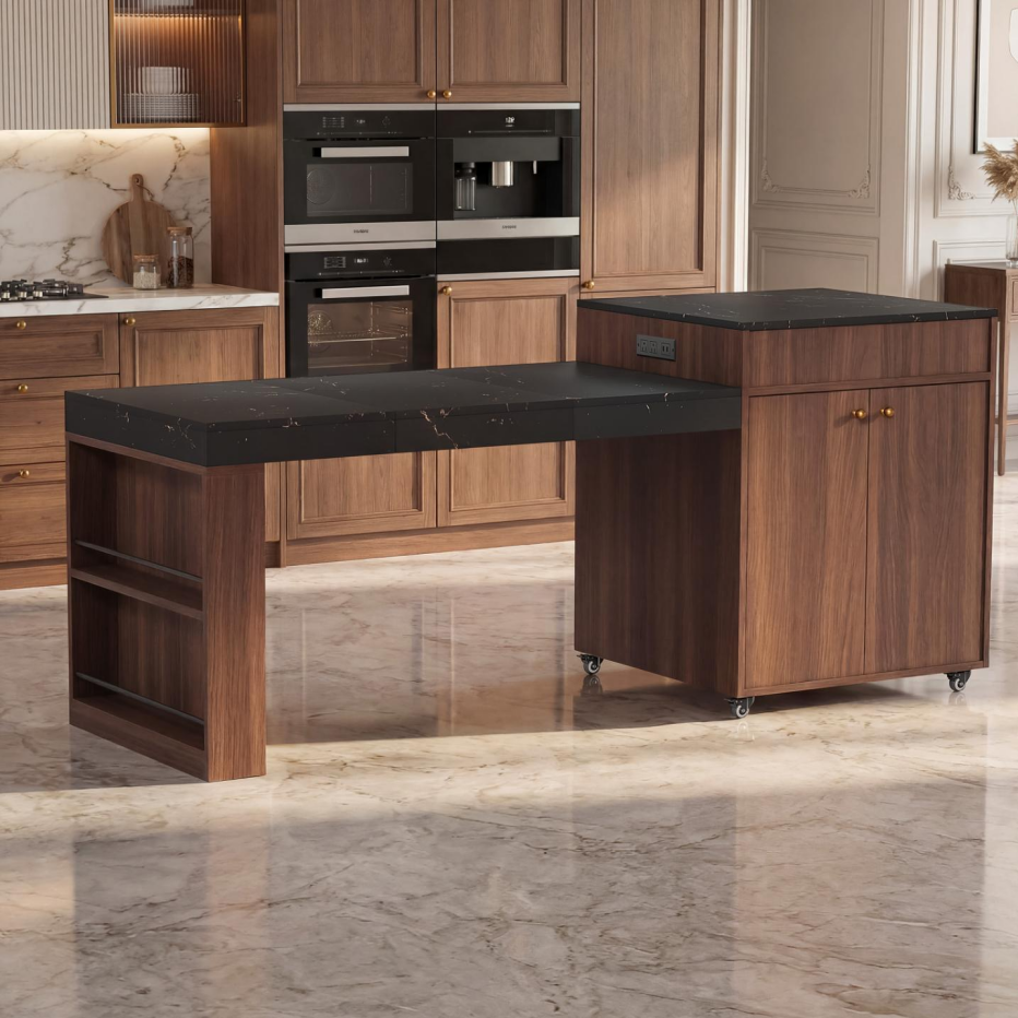 78.8-Inch Rolling Kitchen Island with Extendable Dining Table, Walnut