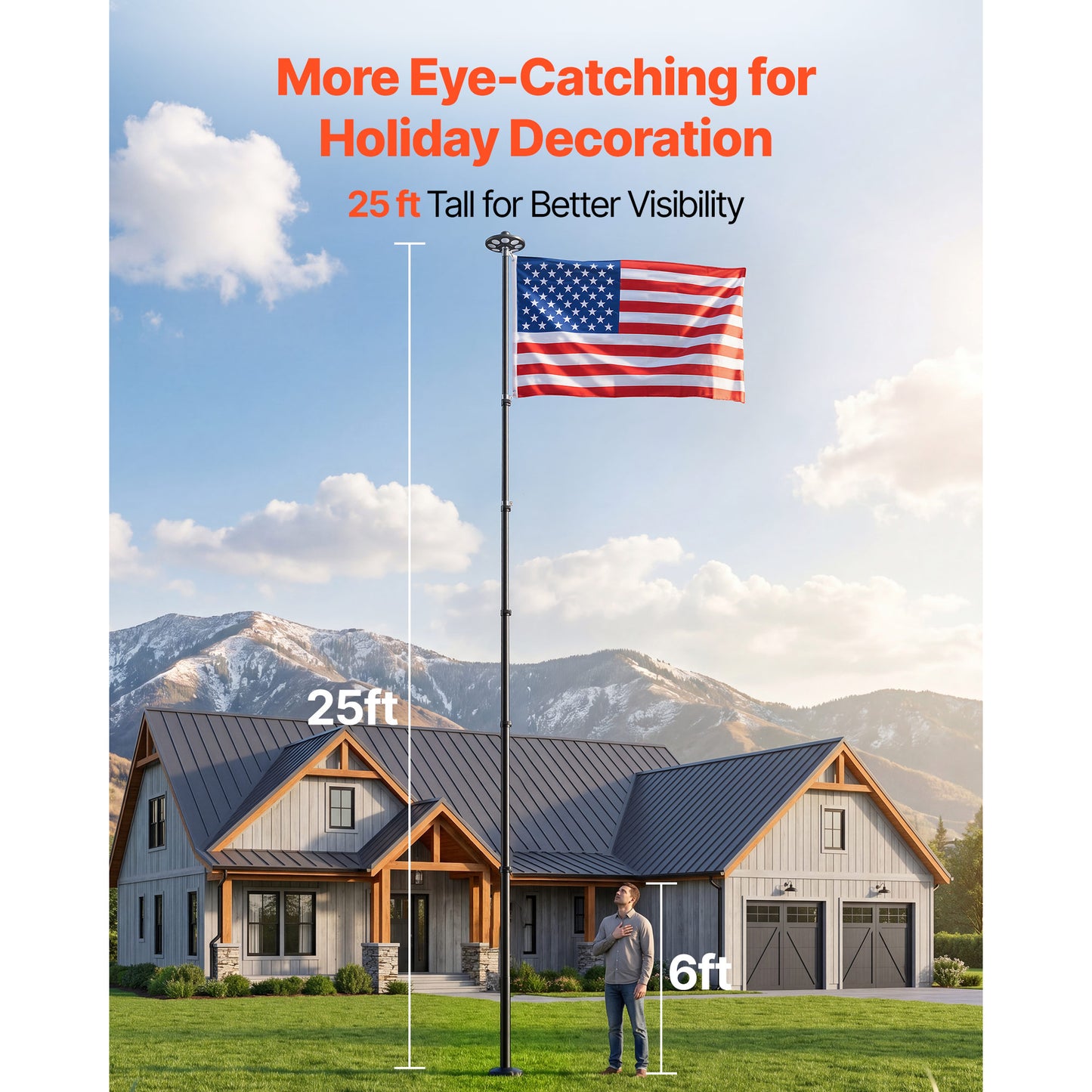 25ft Heavy Duty Telescopic Flagpole Kit with 136 LED Solar Light and American Flag for Yard & Outdoor Use