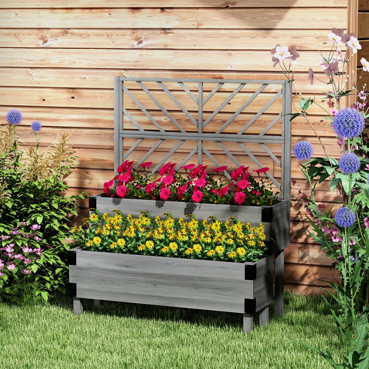 2-Tier Wooden Raised Garden Bed with Trellis Gray 1185x395x275mm
