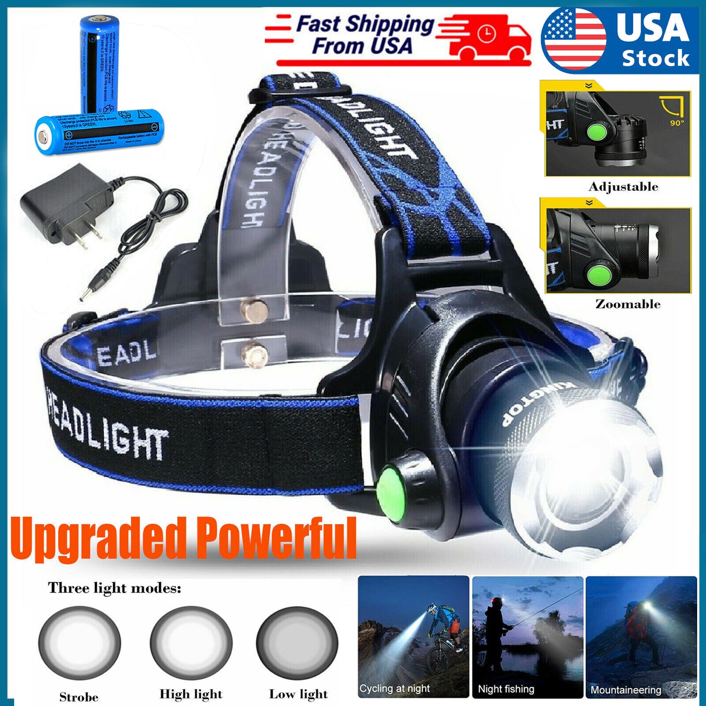 Rechargeable LED Headlamp with Zoom & Multiple Modes - Super Bright Work Light
