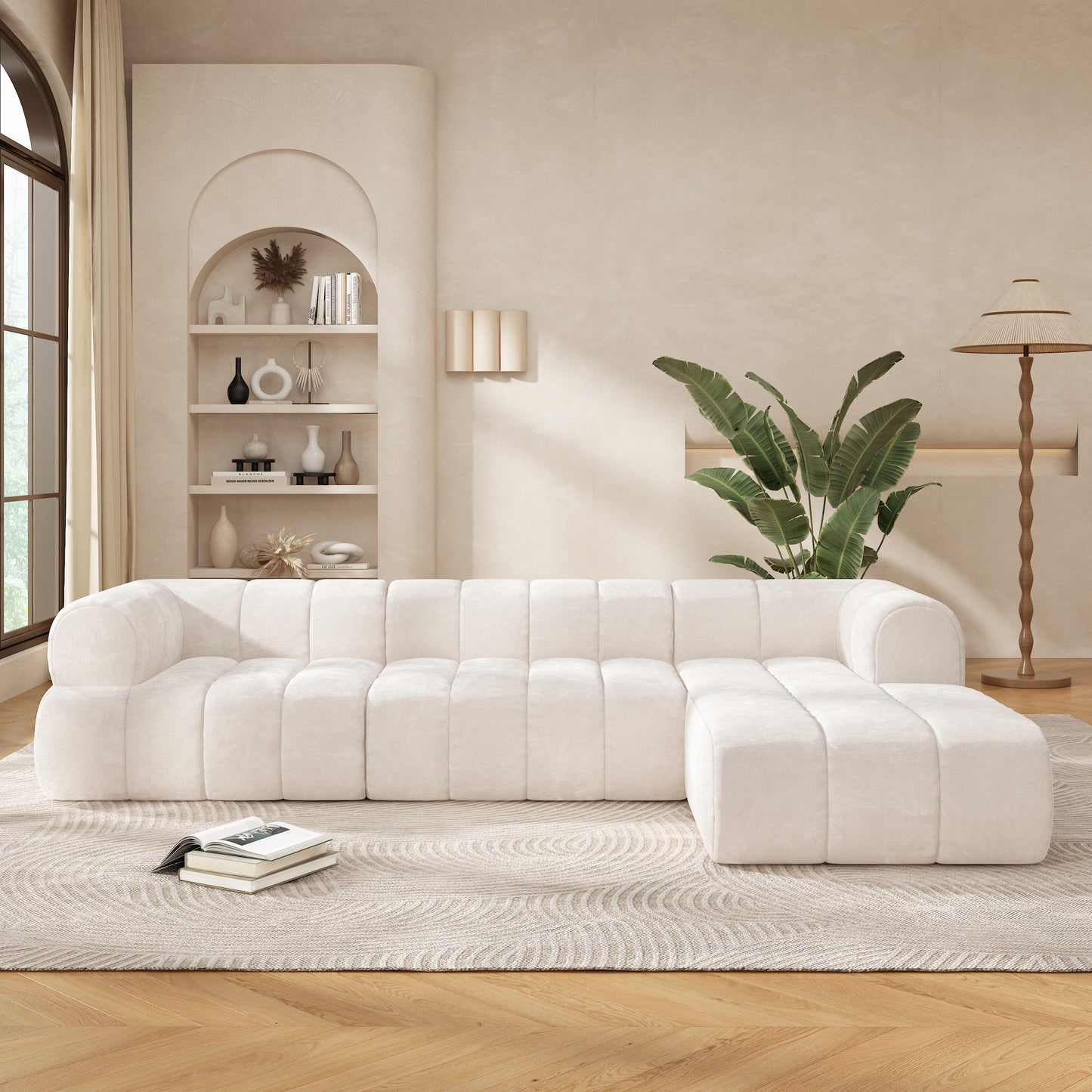 L-Shaped Sectional Sofa - 122" Beige Foam & Polyester Set