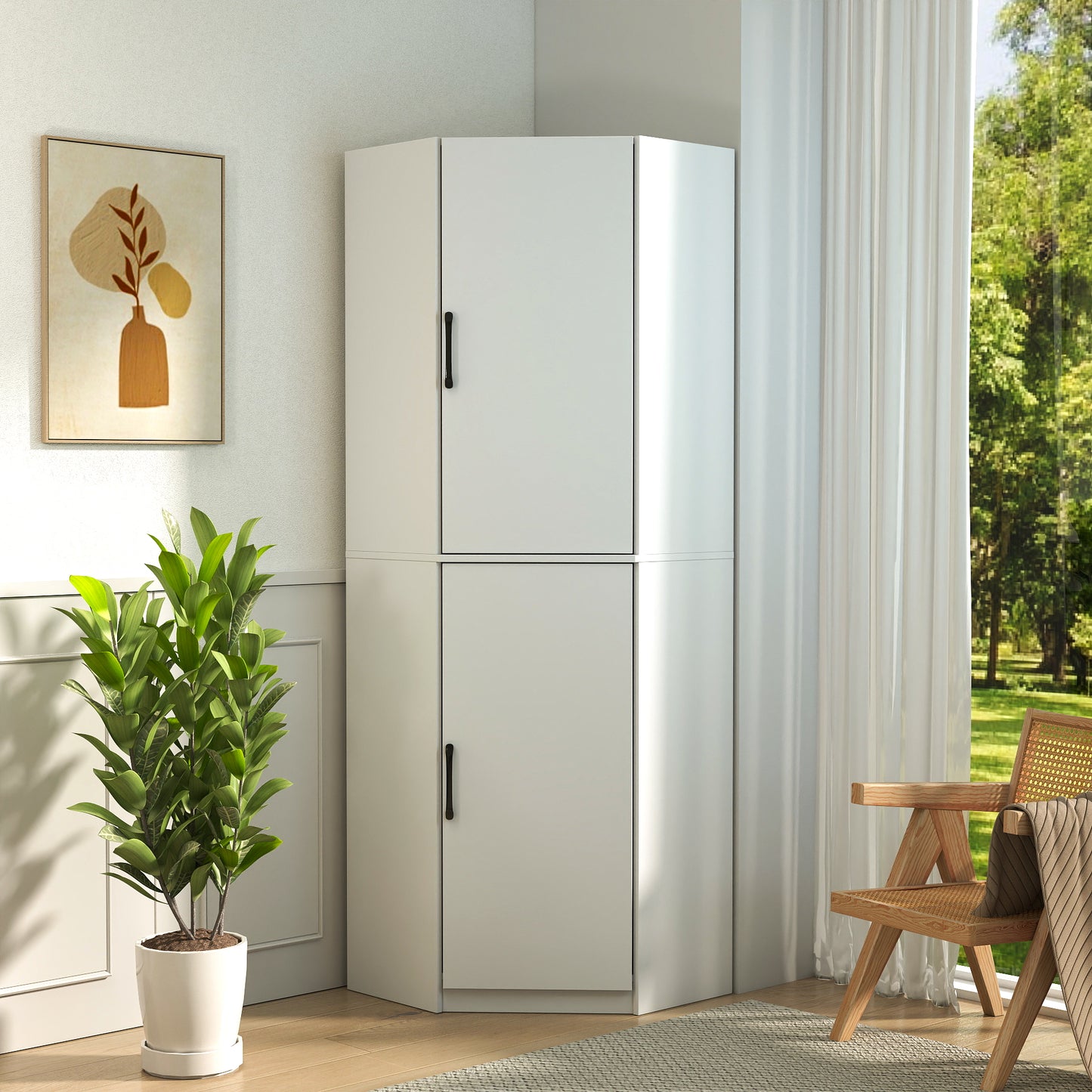 White Corner Kitchen Pantry Cabinet - 70.87" Tall L-Shaped Storage