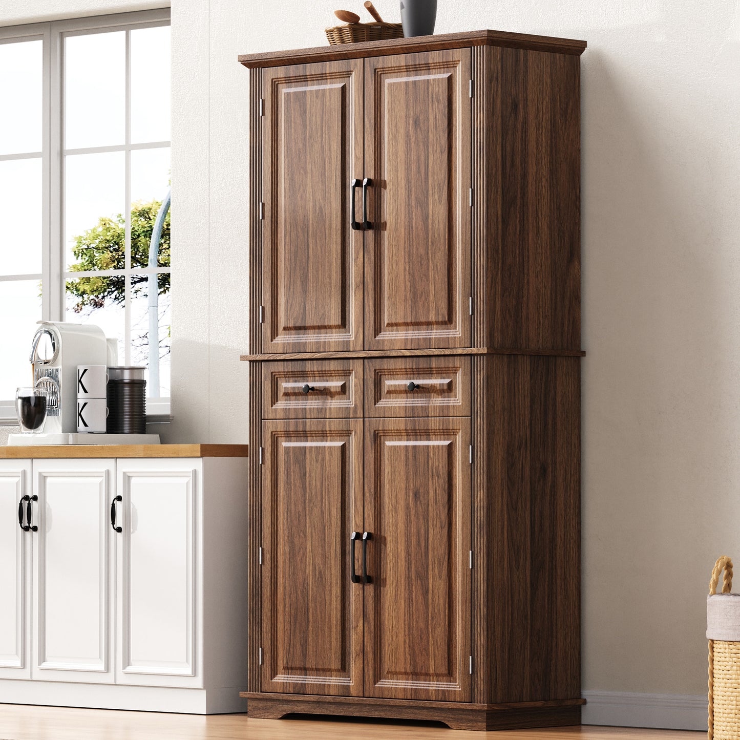 K&K 71 Tall Kitchen Pantry Cabinet With 3 Pull Out Organizers,